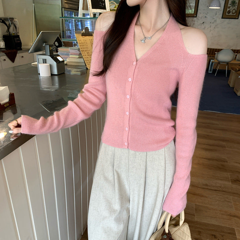 Chic Yellow Off-Shoulder Long Sleeve Knit Top for Women, Hang Neck Design