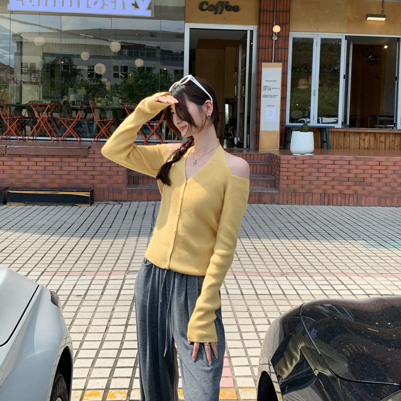 Chic Yellow Off-Shoulder Long Sleeve Knit Top for Women, Hang Neck Design