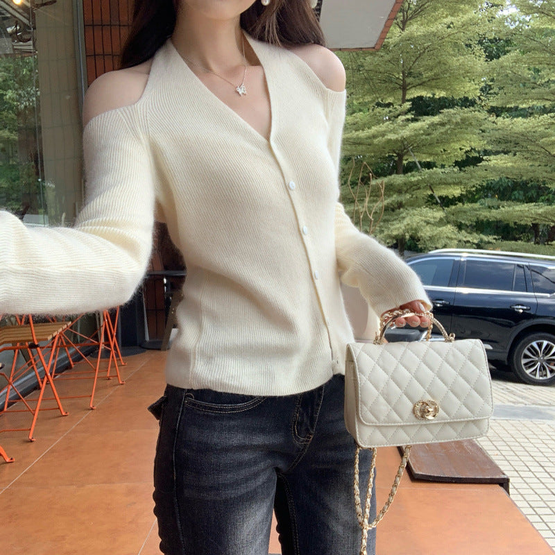 Chic Yellow Off-Shoulder Long Sleeve Knit Top for Women, Hang Neck Design